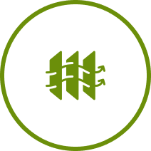 Air Filtration A green icon with three vertical panels and three arrows weaving through them, enclosed in a green circle on a white background.